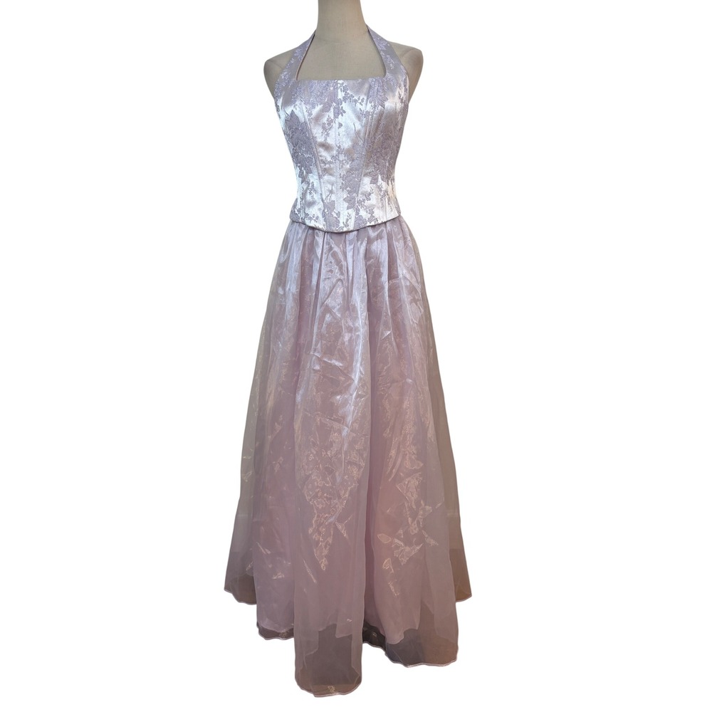 Vtg 90s Y2K Masquerade Corset prom Dress 7/8 Lavender Boned Halter Fairy whimsy